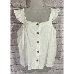J Crew White Linen blend Button Front Tank Top Medium Ruffle Strap Peasant Boho